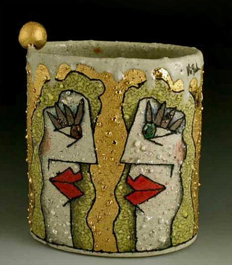 Rimas Visgirda White stoneware with coarse feldspar, black underglaze, wax inlay, underglaze pencil, glaze, overglazes, lusters