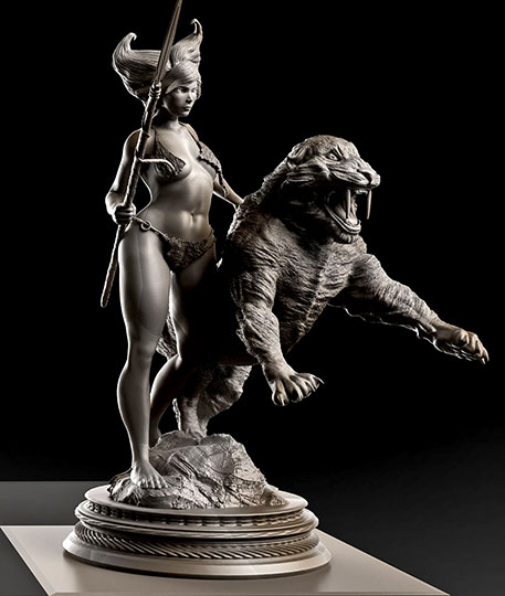 Caleb-Nefzen-Huntress-figure sculpture female warrior and beast