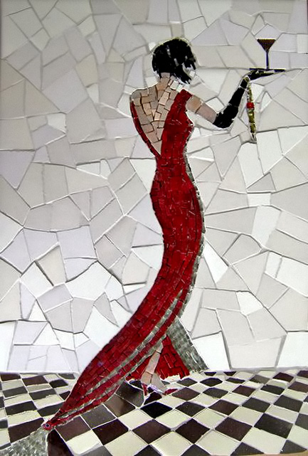 lady in long red gown mosaic panel