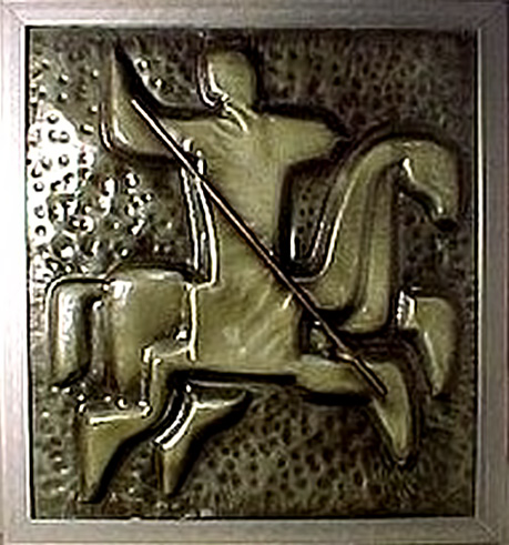 metal wall sculpture of an armed Warrior on a charging Battle Steed