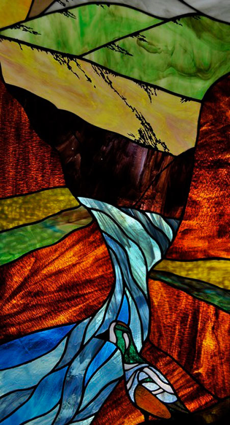 Jasper Harlequin Closeup-Ken Lumbis stained glass art