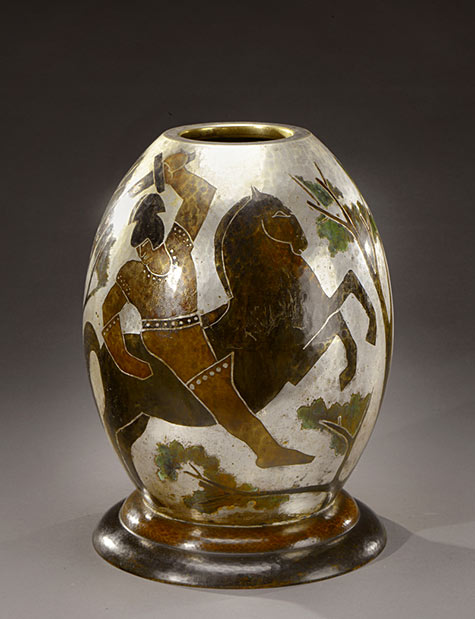 Paul Louis Mergier ovoid vase-of-copperware-hammered-brass-riders-decor