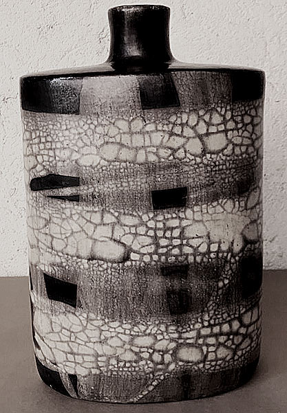 Summer-Alessandra Foletti-ceramic bottle with crackle glaze and weave pattern