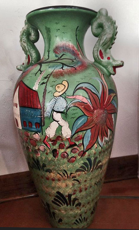 Vintage Mexican pottery vase with serpent handles