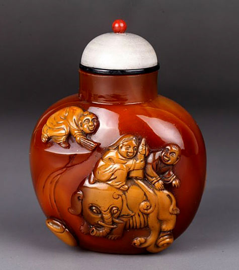19th Century-Chinese Agate Snuff Bottle with boys riding an elephant