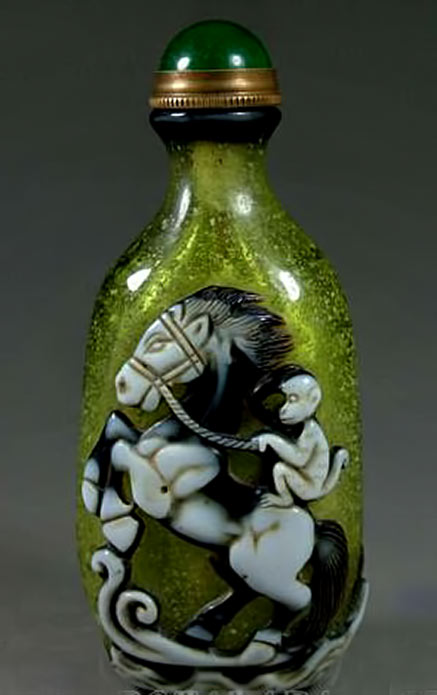 Antique Old Chinese Peking Glass Carved Snuff Bottle ~ monkey ridding on horse