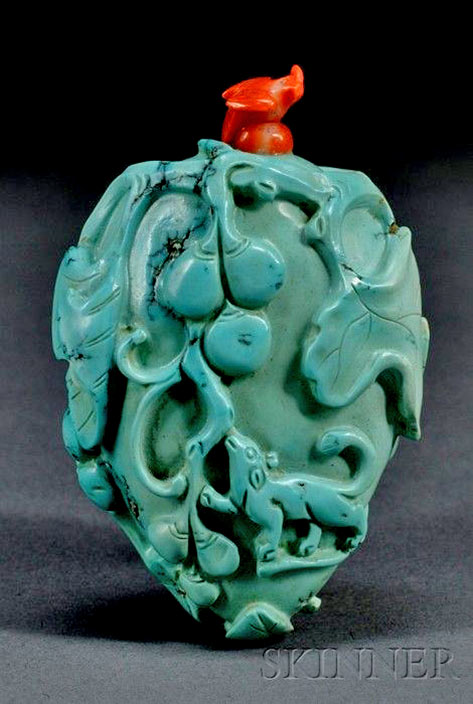 China, Snuff Bottle, coral-turquoise, c. 19th century
