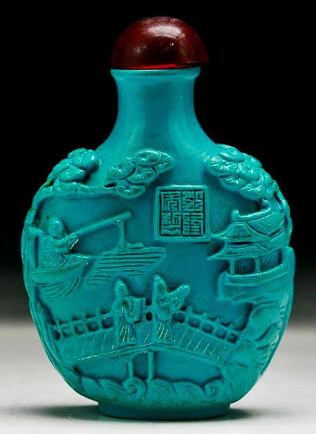 Chinese-Antique-Blue Lacquer Snuff-Bottle carved ceramic