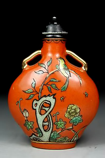 Old Porcelain Snuff Bottle with Bird and Flower
