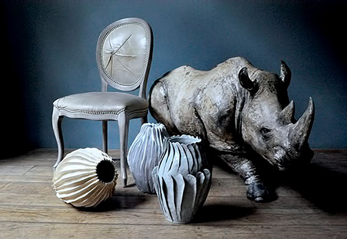 Claudia Frignani vases and Nicola Frignan rhino sculpture