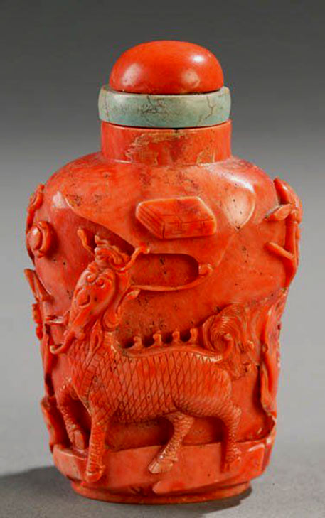 Carved Coral snuff bottle with horse motif