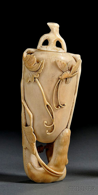 Ivory Snuff Bottle, China, late 19th century, carved as a melon borne on leafy tendril, with a bee to the surface,