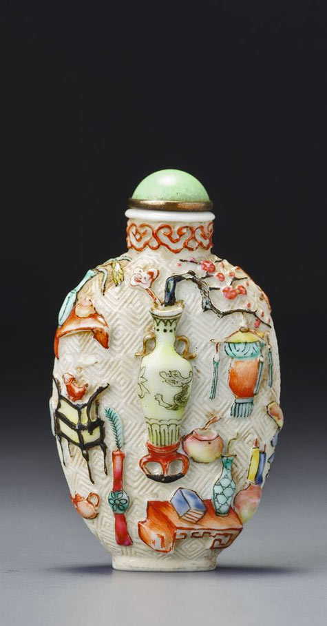 Moulded famille-rose porcelain 'precious objects' snuff bottle seal mark and period of qianlong