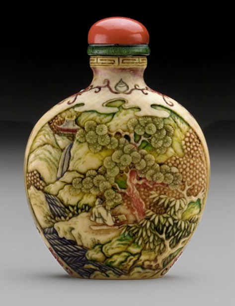 Snuff Bottle (Biyanhu) with Landscape China, early 20th century. Carved ivory with polychrome tinted decoration, carved bone stopper.LACMA