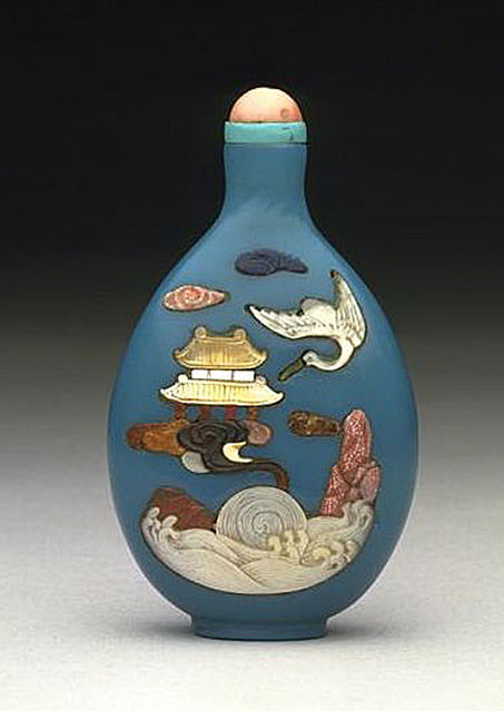 Snuff bottle, blue glass inlaid with coloured stones and pearl, China, 1736-1795.