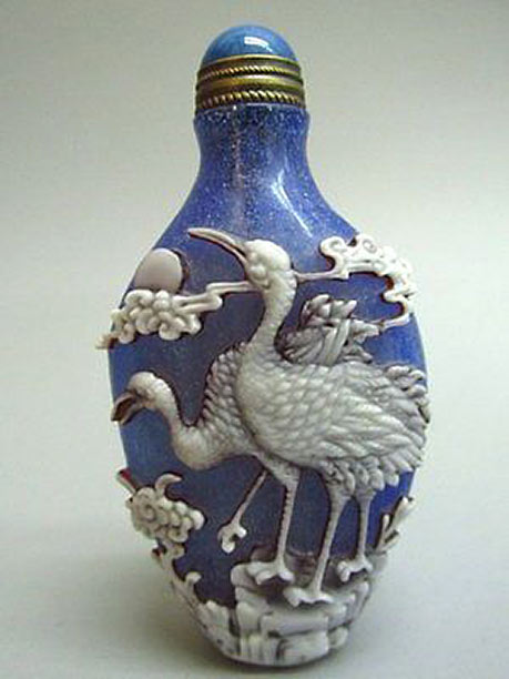 White Overlay Blue Peking Glass 'Crane' Snuff Bottle