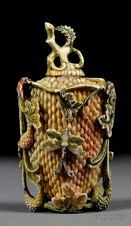 Ivory Snuff Bottle,-China,-20th-century,-carved butterflies and insects in relief