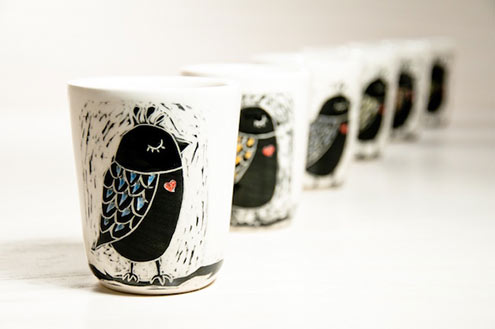 Amandine Daviet--ceramic bird mugs