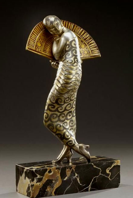 Alexandre-Kelety (1874-1940) 'Dancer with fan' Bronze sculpture with golden and silver patina and chocolate brown.