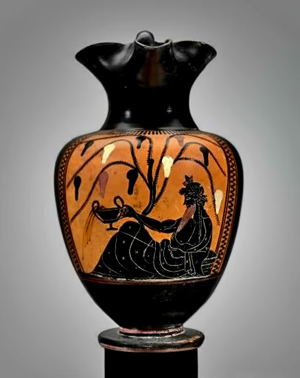 Ceramic black-figure oinochoe depicting Dionysus. Workshop of the Athena Painter. Greek. Late Archaic Period, c. 500 - 490 B.C. - Museum of Fine Arts, Boston