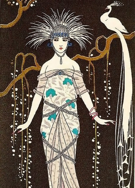 Feathers Hair and White Peacock by Barbier