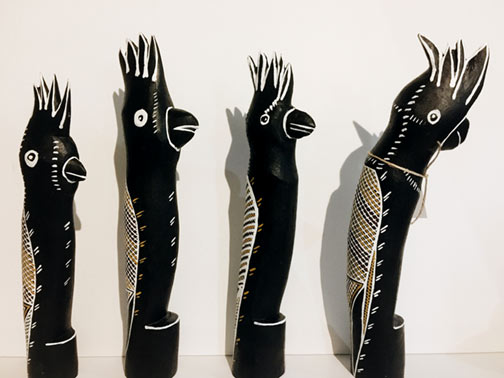Marrawuddi Gallery-Feature_Artwork-Irene Henry Karnamarr (Black_Cockatoo)-Ochre_and_Acrylic_on_Ironwood-2018