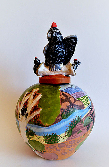 Rona Rubuntja Panangka - Erraarnta (red-tailed black cockatoo), terracotta and underglaze, 2017 Hermannsburg Potters