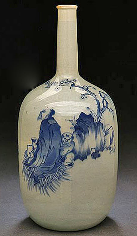 Sake flask (tokkuri) with scholar and attendant performing sencha- Hirado porcelain of Japan 19th century
