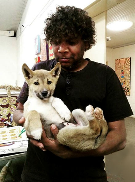 An ikuntji artist with a found Dingo puppy