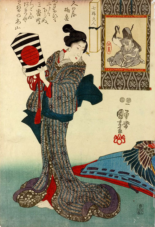 A woman with a kite. The God of good luck and wise choices Fukurokuju with a crane by Utagawa Kuniyosh