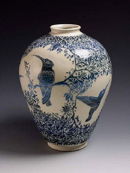 Tiffany Scull ceramic vase - birds in tree