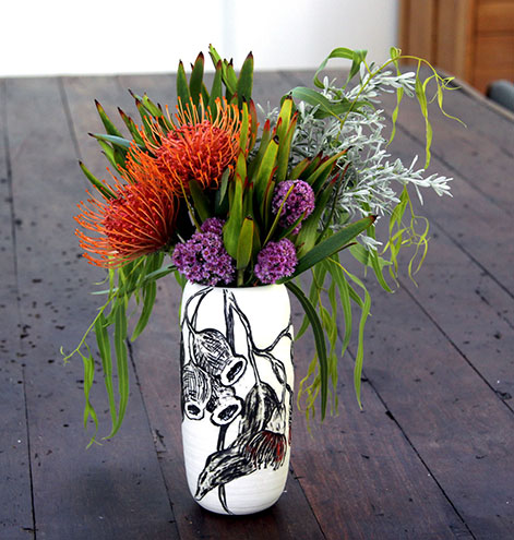 Colourful native flowers - Gumnuts black on white vase - Danica Wichtermann 
