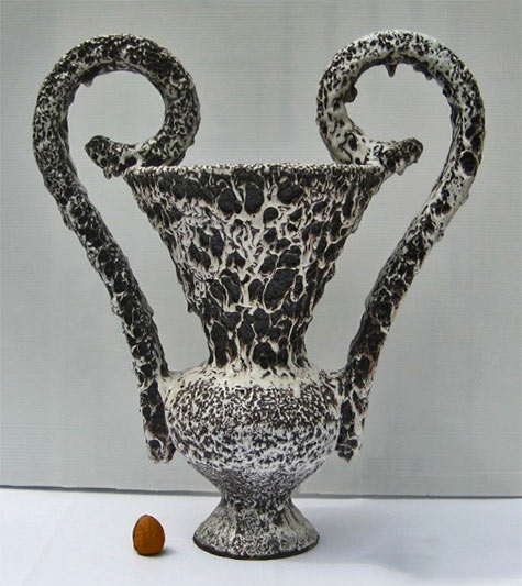 Marius Giuge Vallauris Huge and heavy Amphora style vase from the Marius Giuge Pottery in Vallauris, France. Marked to the base 1965 and initialled MR. Glazed with a drip glaze, achieve