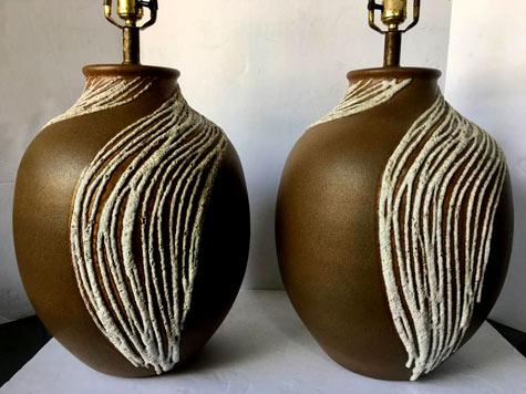 Pair of vintage table lamps with lava glaze patterns