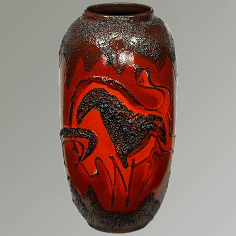 Scheruich Ceramic Tall Lava Glaze Vase with Relief Bull and Volcanos-Assemblage , Chicago