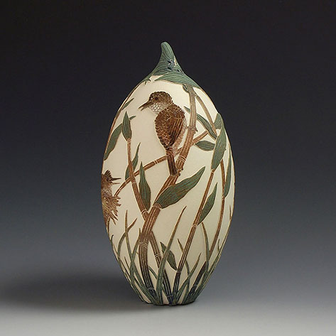 Ceramic Reed Warblers ovoid bud vessel -- Tiffany Scull
