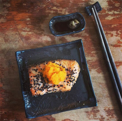 Black stoneware sushi set with iron rich shino glaze---theMuddyYogi