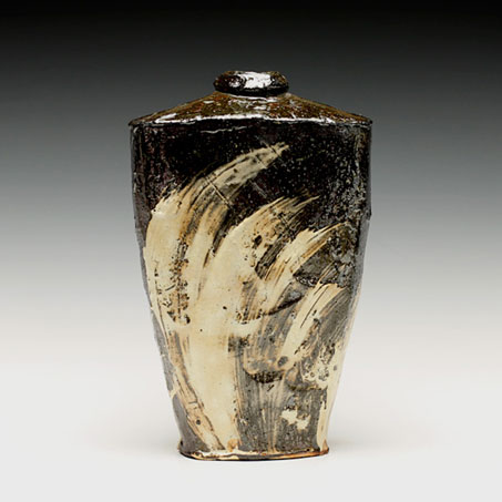 Bottle -- hakeme slip and clear glaze, wood fired--Bandana Pottery Schaller Gallery