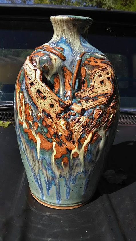 Keith Martindale Pottery vase with illusion of collapsing illusion--trompe-l'oeil