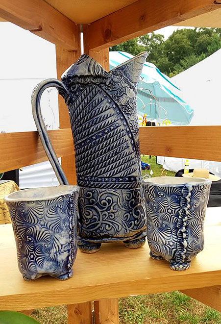 Blue and white sgraffito pitcher and tumblers---Lori Clodfelter