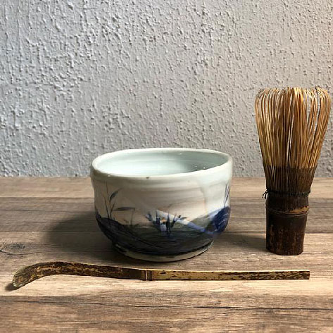 Reduction fired porcelain chawan tea bowl---cobalt oxide hand painted landscape