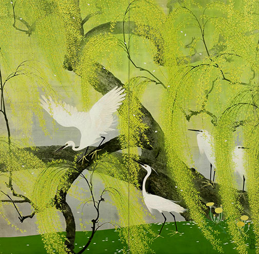 a pair of two-fold screens with egrets perched on the branches of a willow tree ishiyama taihaku---Japan 1934 Gregg Baker Asian Art, stand 353 TFAF Fall 2018