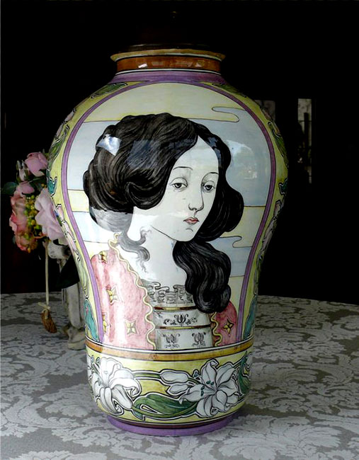 Art Nouveau-Deruta-Italian-Pottery-Capped-Vase height 19inch