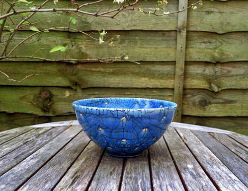 Abstract Blue Dots crackle glaze bowl by Rupert Andrews