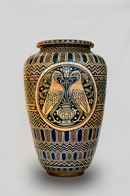 Large vase with pair of falcons,-Galileo Chini