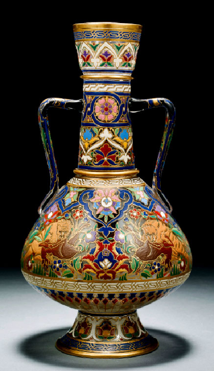 Lobmeyr Persian-style gilded and enamelled two-handled clear glass bottle vase, Vienna, 19th-20th century