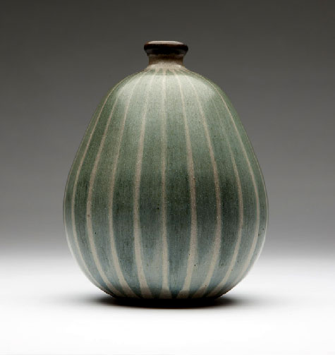 Large ceramic bottle with vertical stripes by Rupert Deese