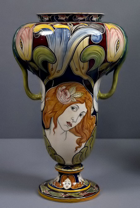 Vase decorated with female face and stylized flowers, circa 1900, ceramic, Laveno manufacture, Lombardy region, Italy, 20th century