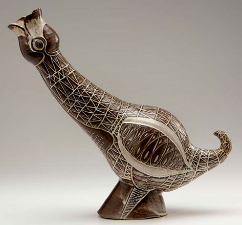 Aaron Bohrod Bird shaped pitcher with incised feather pattern