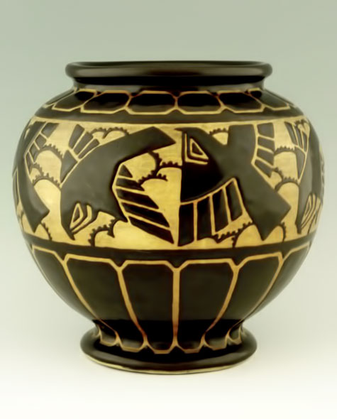 Art Deco Grès Keramis vase with birds by Charles Catteau-Belgium,1925